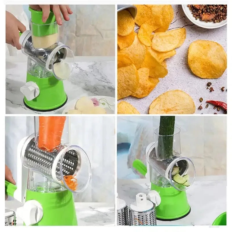 3-in-1 Rotary Vegetable Slicer & Cheese Grater – Manual Kitchen Cutter with Stainless Steel Blades