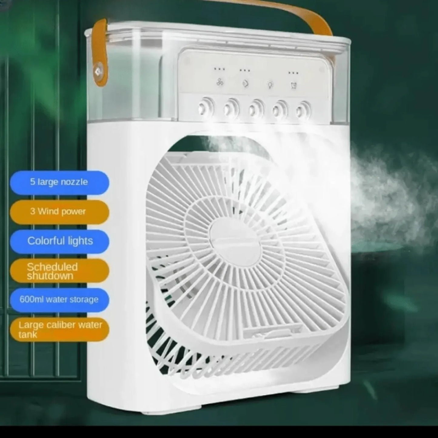 CoolBreeze 5-Mist Portable Air Cooler Fan – 600ml Water Tank, Adjustable Spray & USB Rechargeable