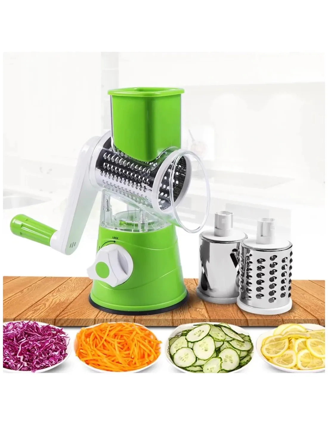 3-in-1 Rotary Vegetable Slicer & Cheese Grater – Manual Kitchen Cutter with Stainless Steel Blades