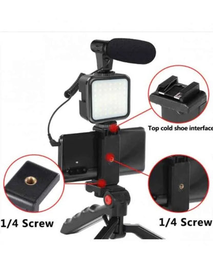 Mobile Vlogging Kit – LED Video Light, Lavalier Microphone & Mini Tripod for Smartphones