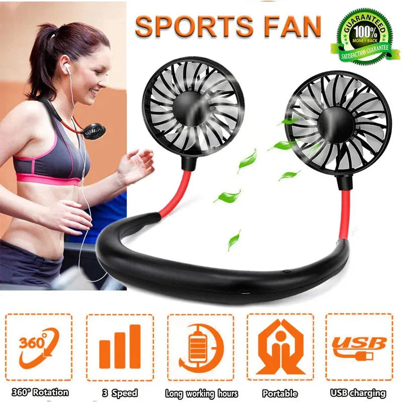 Portable Dual Head Rechargeable Neck Fan – Hands-Free USB Cooling Fan