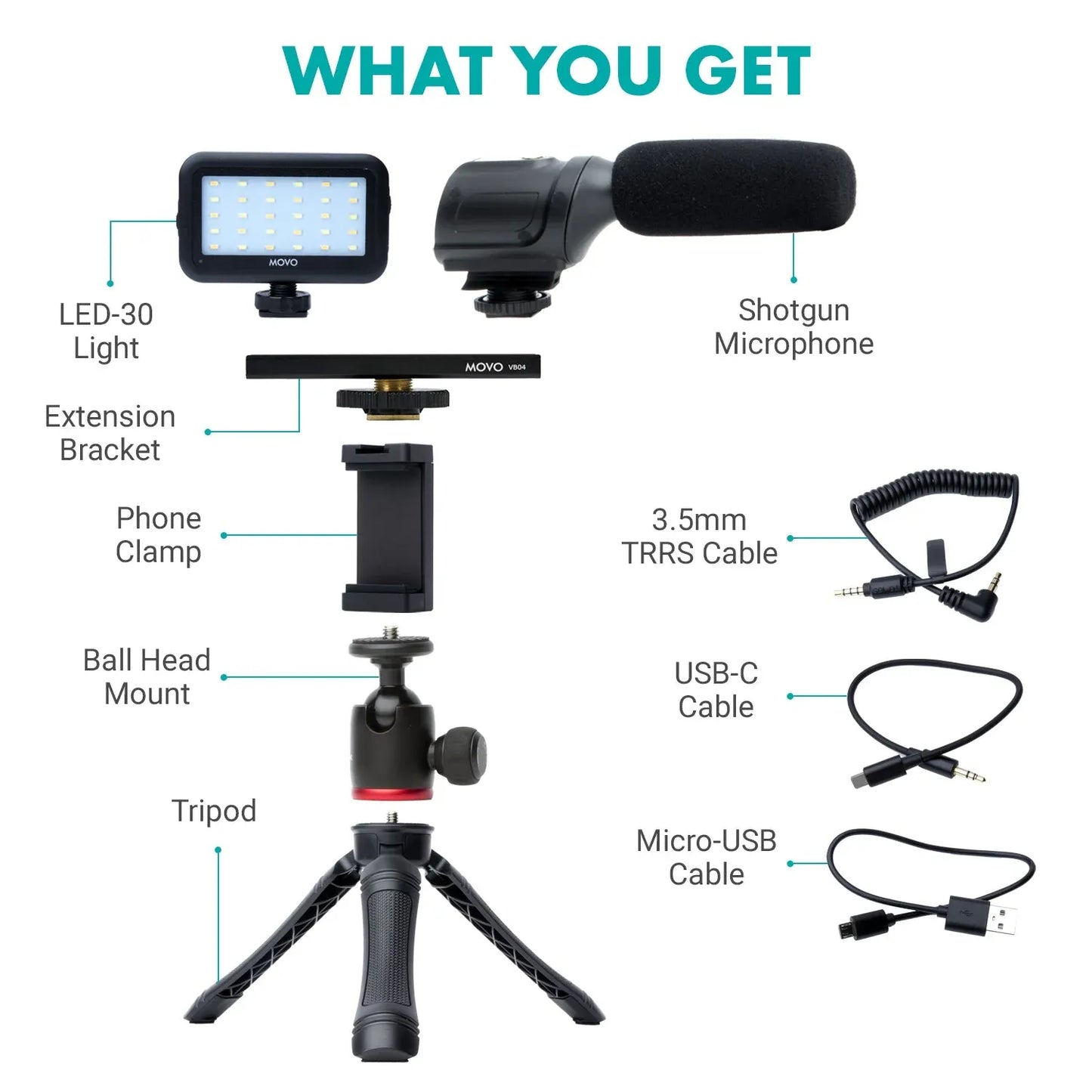 Mobile Vlogging Kit – LED Video Light, Lavalier Microphone & Mini Tripod for Smartphones