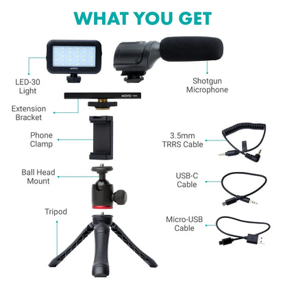 Mobile Vlogging Kit – LED Video Light, Lavalier Microphone & Mini Tripod for Smartphones