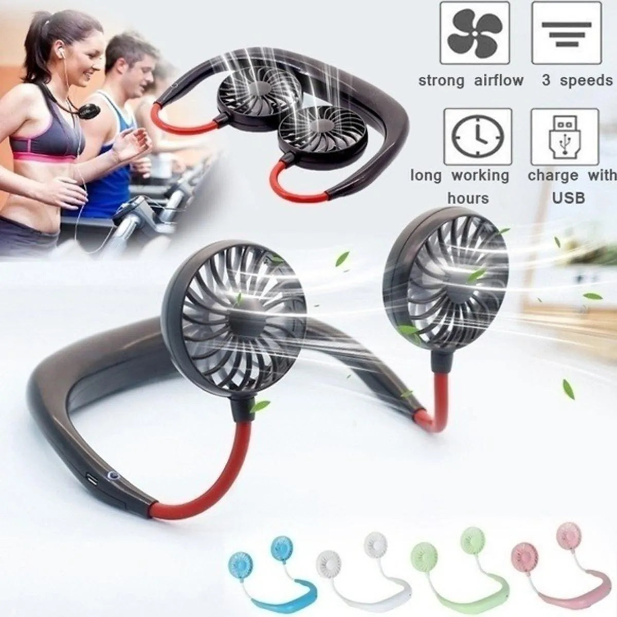 Portable Dual Head Rechargeable Neck Fan – Hands-Free USB Cooling Fan