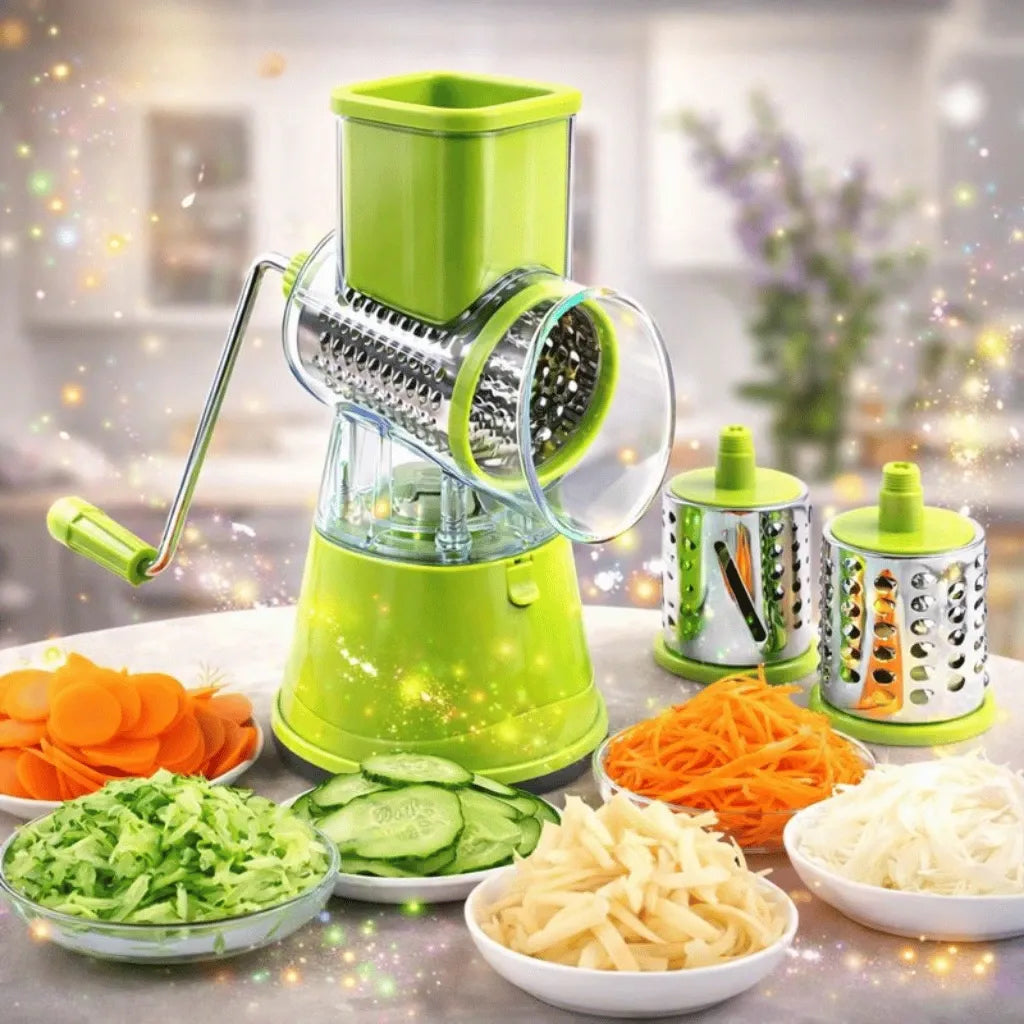 3-in-1 Rotary Vegetable Slicer & Cheese Grater – Manual Kitchen Cutter with Stainless Steel Blades