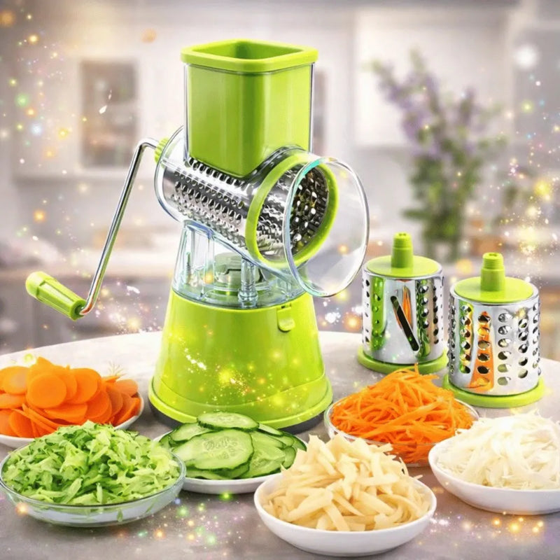 3-in-1 Rotary Vegetable Slicer & Cheese Grater – Manual Kitchen Cutter with Stainless Steel Blades