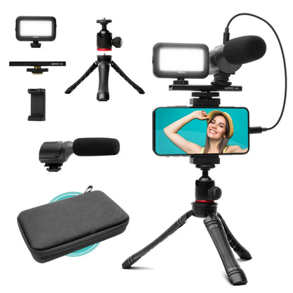 Mobile Vlogging Kit – LED Video Light, Lavalier Microphone & Mini Tripod for Smartphones