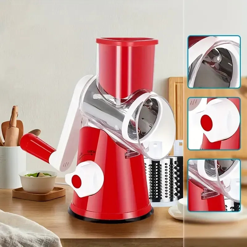 3-in-1 Rotary Vegetable Slicer & Cheese Grater – Manual Kitchen Cutter with Stainless Steel Blades