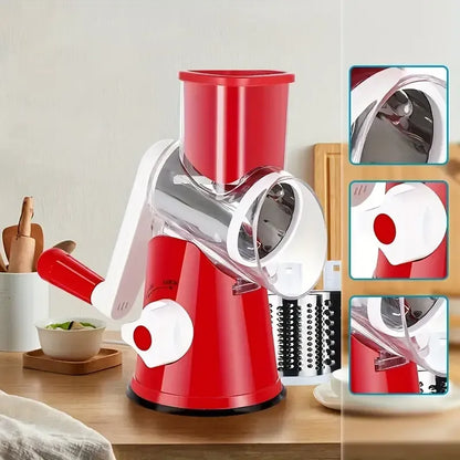 3-in-1 Rotary Vegetable Slicer & Cheese Grater – Manual Kitchen Cutter with Stainless Steel Blades