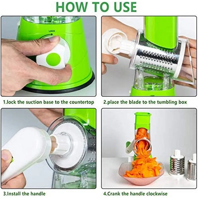3-in-1 Rotary Vegetable Slicer & Cheese Grater – Manual Kitchen Cutter with Stainless Steel Blades