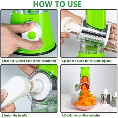 3-in-1 Rotary Vegetable Slicer & Cheese Grater – Manual Kitchen Cutter with Stainless Steel Blades