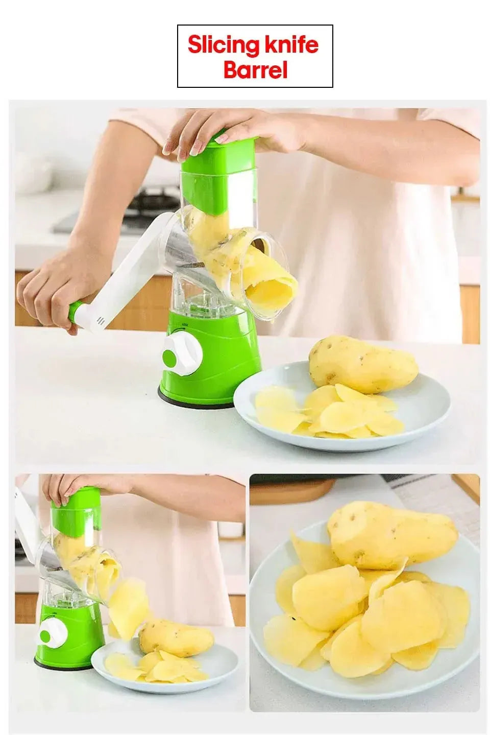 3-in-1 Rotary Vegetable Slicer & Cheese Grater – Manual Kitchen Cutter with Stainless Steel Blades