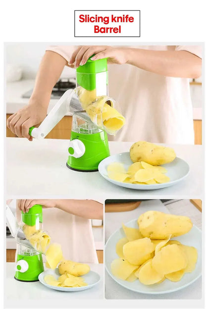 3-in-1 Rotary Vegetable Slicer & Cheese Grater – Manual Kitchen Cutter with Stainless Steel Blades