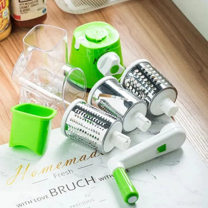 3-in-1 Rotary Vegetable Slicer & Cheese Grater – Manual Kitchen Cutter with Stainless Steel Blades