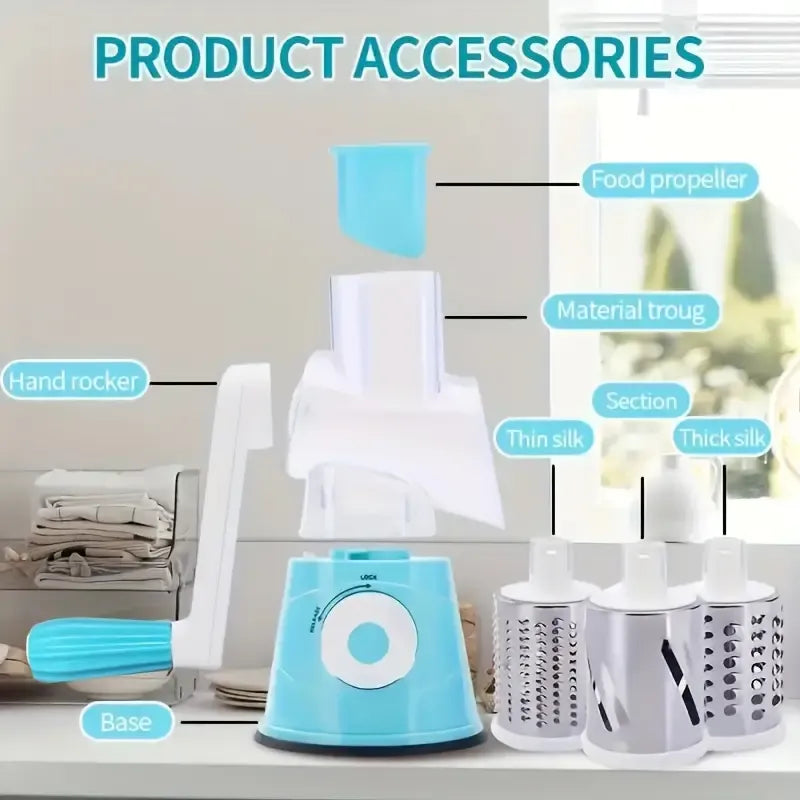 3-in-1 Rotary Vegetable Slicer & Cheese Grater – Manual Kitchen Cutter with Stainless Steel Blades